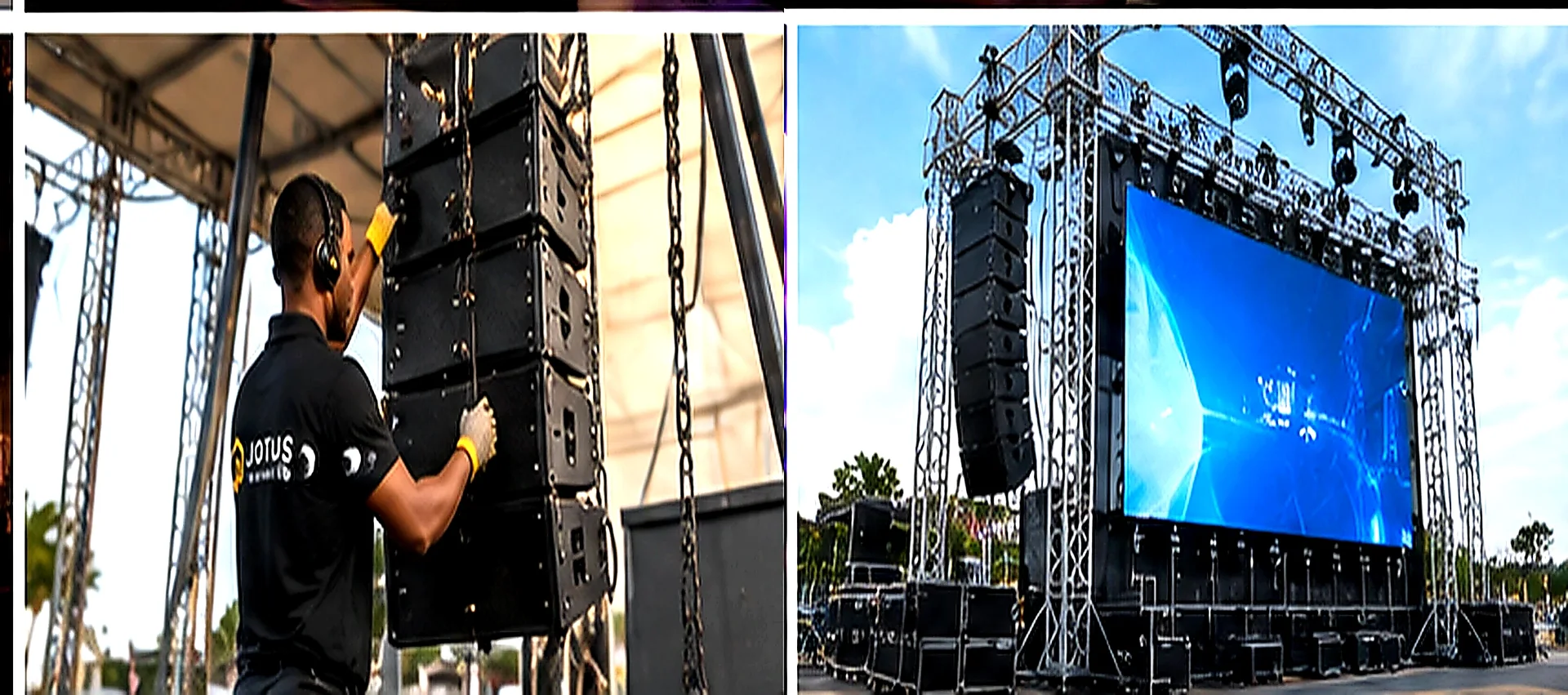 Hands-on line-array rigging and stage preparation for powerful, dependable event sound.